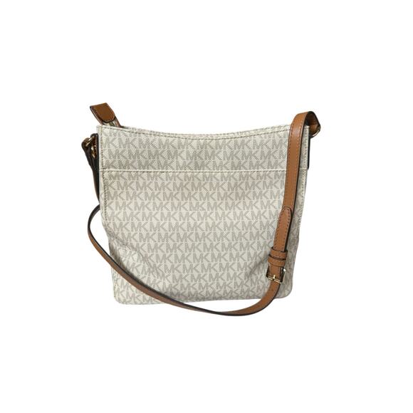 Michael Kors Jet Set Crossbody MK Logo Canvas Tan Leather Zip w/ Dust Bag - Picture 6 of 15